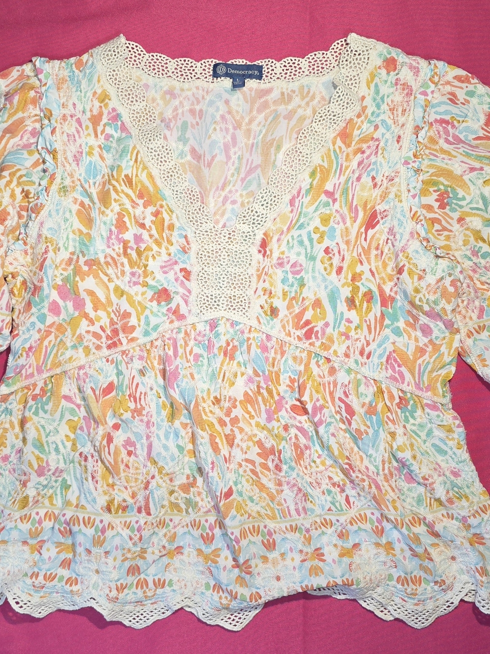 Democracy Pastel Floral Crochet-Trim V-Neck Tunic